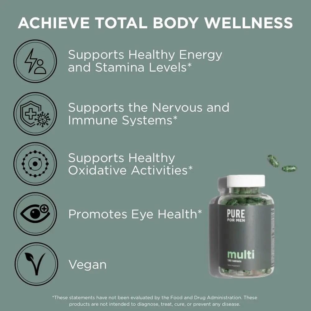 Pure for Men Multivitamin Supplement | Energy, Mood Support, Strong Bones, Antioxidants, Minerals | Vitamins A, B, C, D, Magnesium, Calcium | Pure for Men Au supplements