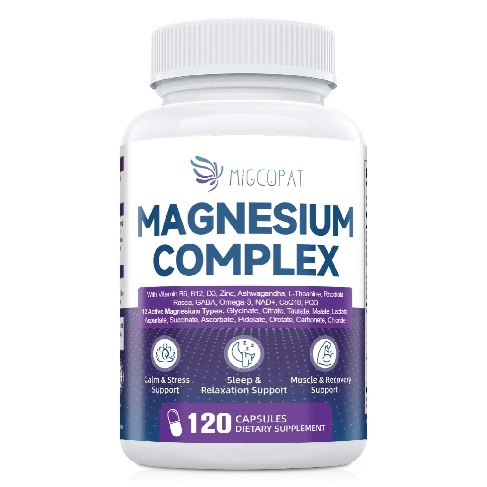 Migcopat Magnesium Complex w/Magnesium Glycinate, Malate, Citrate | 24-in-1 Magnesium Supplement w/Ashwagandha, L-Theanine & NAD+ | Supports Calm, Energy, Muscle & Sleep | Non-GMO, 120 Vegan Caps Migcopat Au supplements