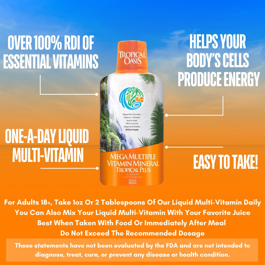 Tropical Oasis Mega Plus - Liquid Multivitamin and Mineral Supplement – Includes 85 Vitamins & Minerals, 20 Amino Acids + CoQ10, Grape Seed Extract & Organic Aloe Vera - 32oz, 32 Servings, 33460 Tropical Oasis Au supplements