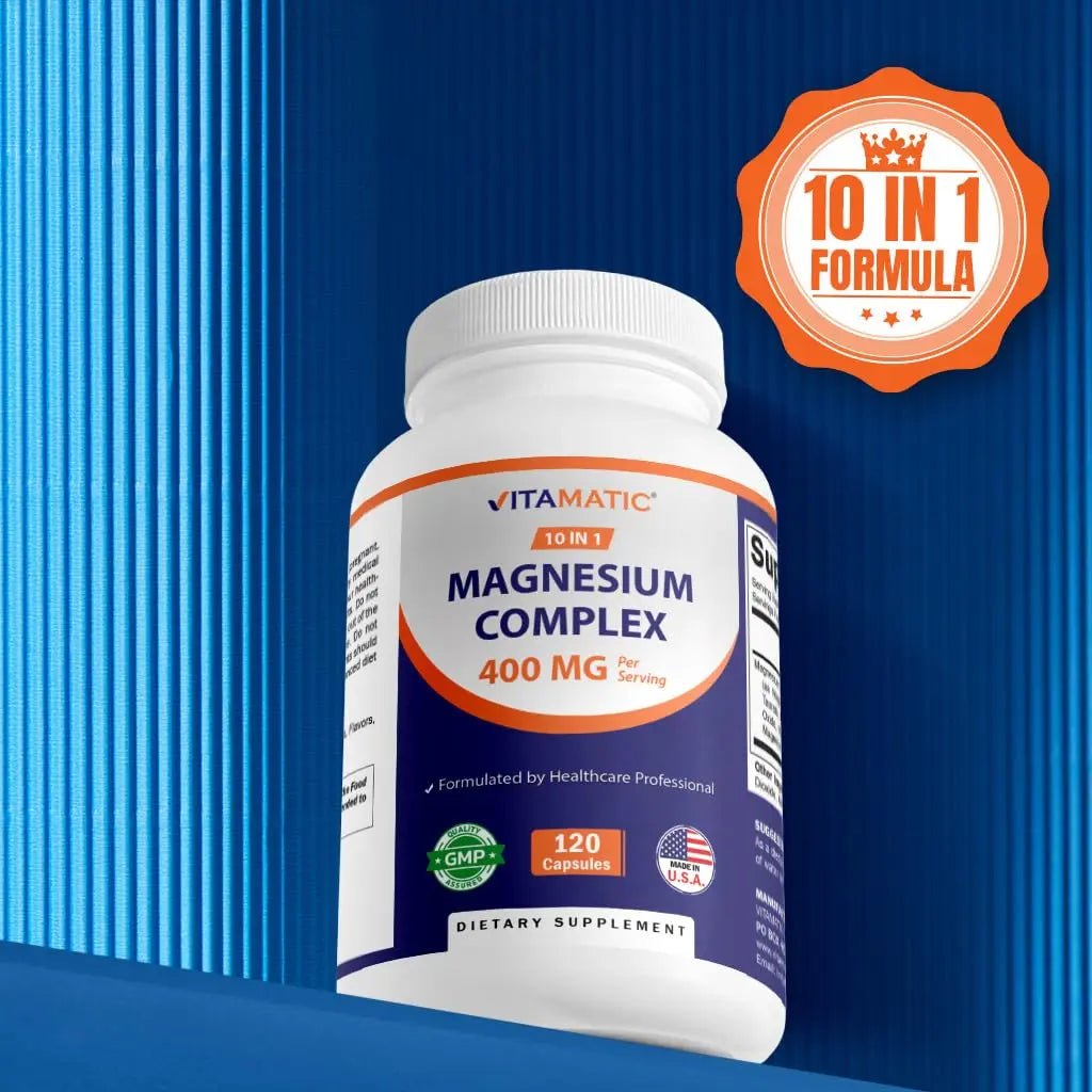 Vitamatic Magnesium Complex, 400mg Elemental MG (as Bisglycinate, Citrate, Taurate, Malate, Aspartate, Oxide, Gluconate, Lysinate Glycinate, Orotate, Succinate) - 120 Capsules per Pack - 2 Pack Vitamatic Au supplements