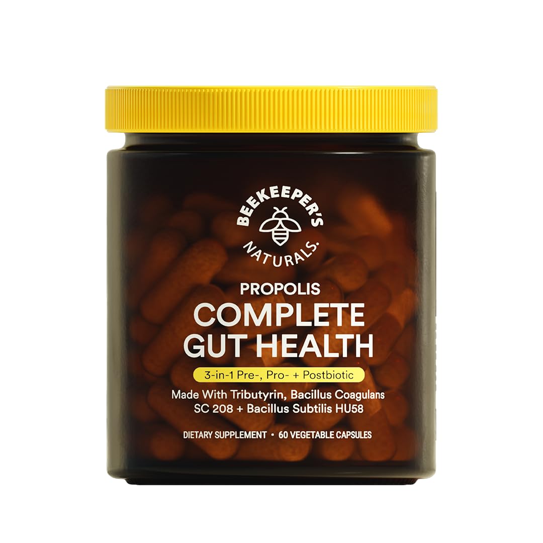 Complete Gut Health by Beekeeper's Naturals, 3-in-1 Prebiotic, Postbiotic, Probiotics for Digestive Health & Bloating Relief for Women & Men, Propolis Powered, Gluten-Free Vegan Capsules, 60ct Beekeeper's Naturals Au supplements
