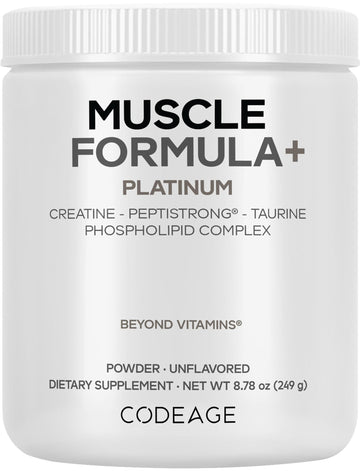 Codeage Muscle Formula+ Platinum Supplement - Creatine Monohydrate, PeptiStrong Fava Bean Protein Hydrolysate, Taurine, Vitamin D3, Liposomal Delivery - Non-GMO - Unflavored Protein Powder - 8.78 Oz Codeage Au supplements