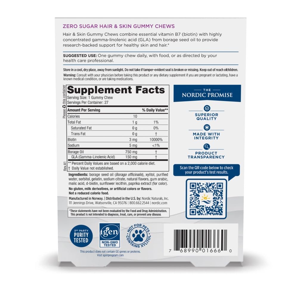 Nordic Naturals Zero Sugar Hair & Skin Gummy Chews, Strawberry Lemonade - 27 Gummy Chews - Biotin + GLA from Borage Oil - Promotes Healthy Balance of Fats in Skin - Non-GMO - 27 Servings Nordic Naturals Au supplements
