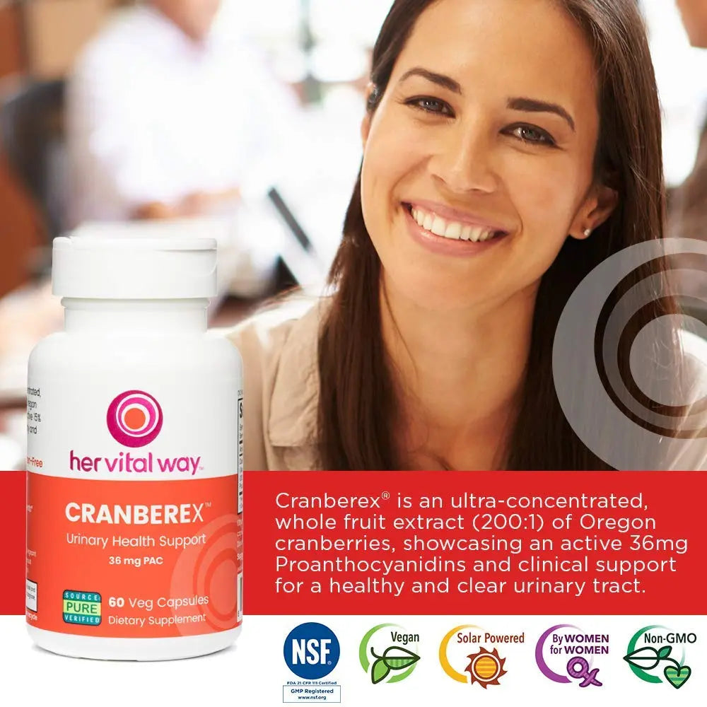 her vital way Cranberex - Cranberry Pills for Women and Men - Cranberry Supplement with 36mg PAC - Cranberry Extract Capsules for Urinary Tract Health and Kidney Care - 60 Veg Capsules her vital way Au supplements