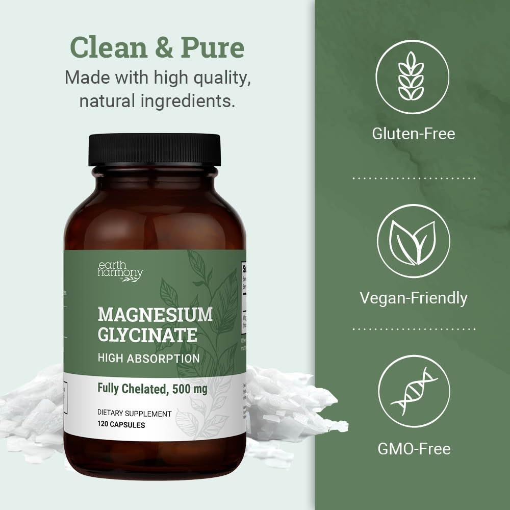 Pure Magnesium Glycinate 500mg - Chelated Magnesium Supplement, High Absorption Capsules for Sleep, Glicinato De Magnesio with Organic MCT Powder (120 Capsules) Earth Harmony Naturals Au supplements