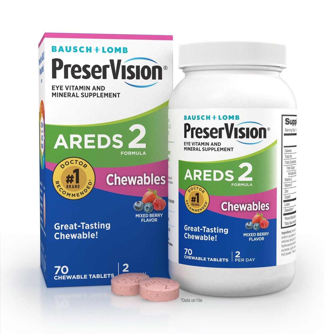 PreserVision AREDS 2 Eye Vitamins, #1 Eye Doctor Recommended Brand, Chewable Lutein and Zeaxanthin Supplement with Vitamin C, Vitamin E,Zinc, and Copper, Mixed Berry, 70 Tablets PreserVision Au supplements