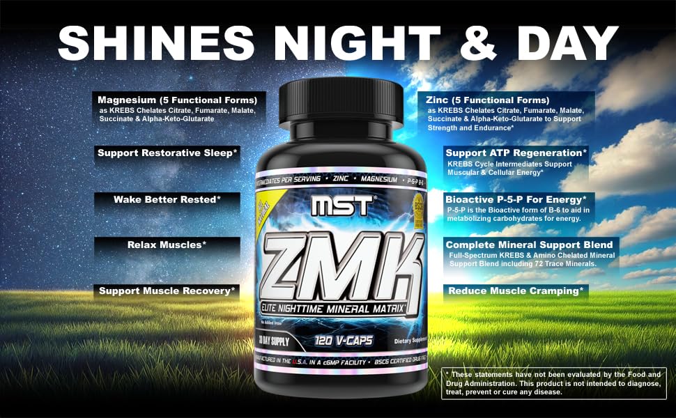 MST ZMK (Zinc & Magnesium as Krebs Chelates (as Citrate, Fumarate, Malate, Succinate, Alpha-Keto-Glutarate. With Mineral Support Blend & Trace Minerals. Support ATP, Sleep, Muscle Recovery, 120 V Caps MST Au supplements