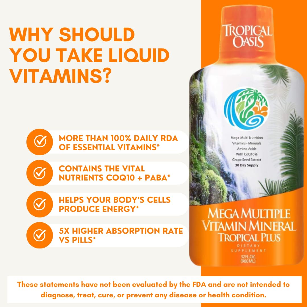 Tropical Oasis Mega Plus - Liquid Multivitamin and Mineral Supplement – Includes 85 Vitamins & Minerals, 20 Amino Acids + CoQ10, Grape Seed Extract & Organic Aloe Vera - 32oz, 32 Servings, 33460 Tropical Oasis Au supplements