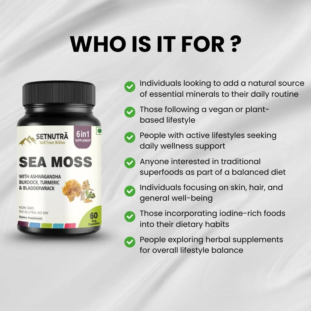 SETNUTRA Well From Within Sea Moss 6 in 1 Super Blend Ashwagandha Burdock Turmeric & Bladderwrack Immunity & Detox Support 60 Veg Capsules Non GMO No Gluten SETNUTRA Well From Within Au supplements