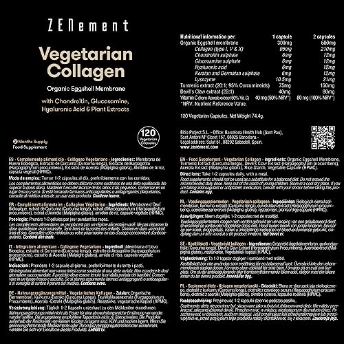 Vegetarian Collagen, from Organic Eggshell Membrane, 120 Capsules | with Glucosamine, Chondroitin, Hyaluronic Acid and Plant Extracts Zenement Au supplements