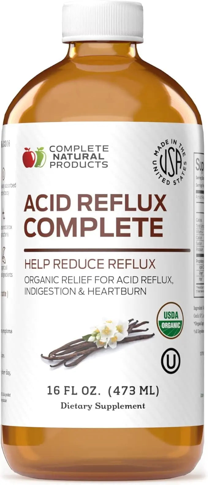 Acid Reflux Relief Liquid 16oz - Organic Heartburn Support Formula, Natural GERD Aid with Aloe Ginger Garlic Vanilla, Fast Absorbing Amish Remedy, Certified Organic Kosher Made in USA Supplement Complete Natural Products Au supplements