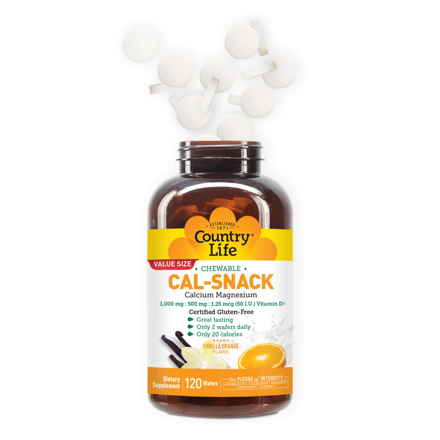 Country Life Cal-Snack - Chewable Calcium Magnesium Supplement wafers with Vitamin D3, Easy to Digest, Vanilla Orange Flavor, Dietary Supplement Country Life Au supplements