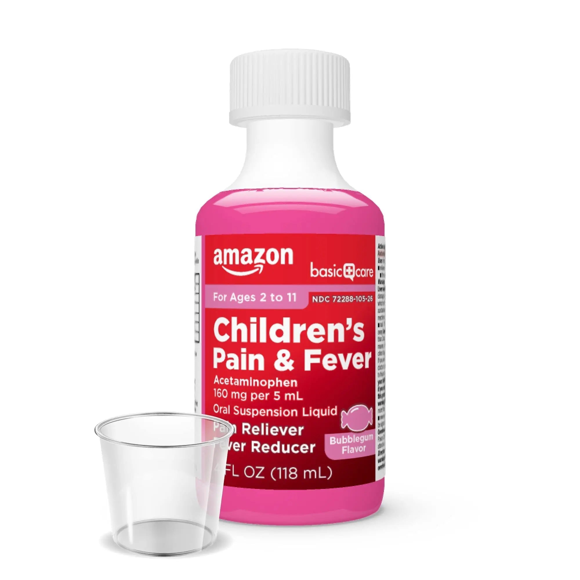 Amazon Basic Care Children's Pain Reliever and Fever Reducer, Acetaminophen 160 mg per 5 ml, Bubblegum Flavor, for Headache and Sore Throat, Ages 2-11 Years, 4 fl oz Amazon Basic Care Au supplements