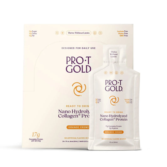 ProT Gold Liquid Collagen Protein Shot, 17g Clear Protein Nano-Hydrolyzed Grass Fed Collagen, 2g Arginine for Wound Support, Gluten Free, Sugar Free, 0g Carbs, Orange Creme, 1 fl oz, 24 Pack ProT GoldAU supplements