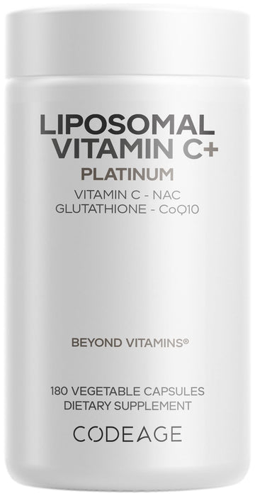 Codeage Liposomal Vitamin C+ Platinum - 1000 Mg Vitamin C Vitamins, Glutathione, NAC (N Acetyl Cysteine), Resveratrol, CoQ10, Rutin, Elderberry, Quercetin, Rosehip, Citrus Bioflavonoids - 180 Capsules Codeage Au supplements