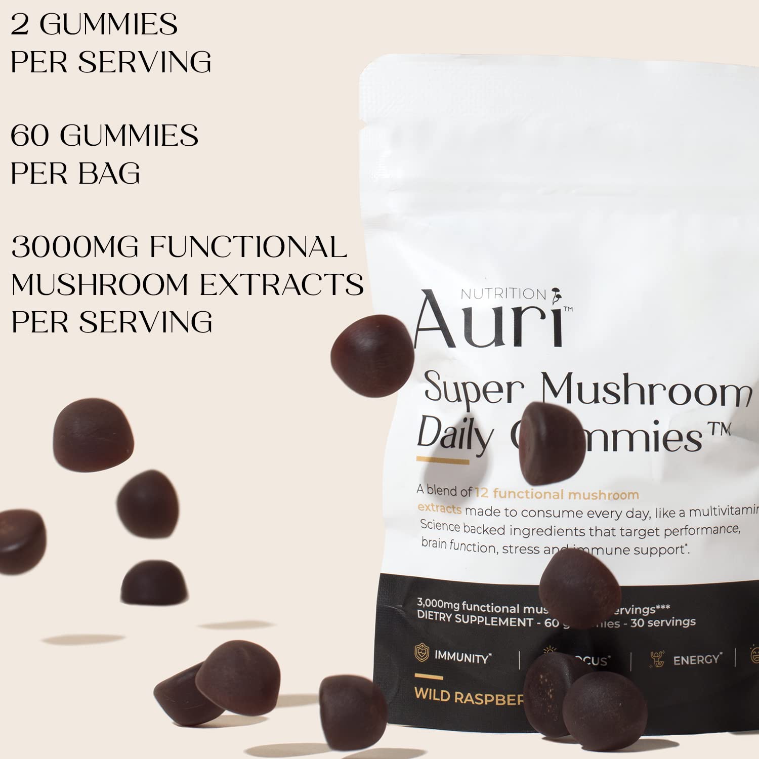 Auri Nutrition Super Mushroom Daily Gummies – All-in-One Functional Gummy with 12 Mushroom Blend Including Lion’s Mane