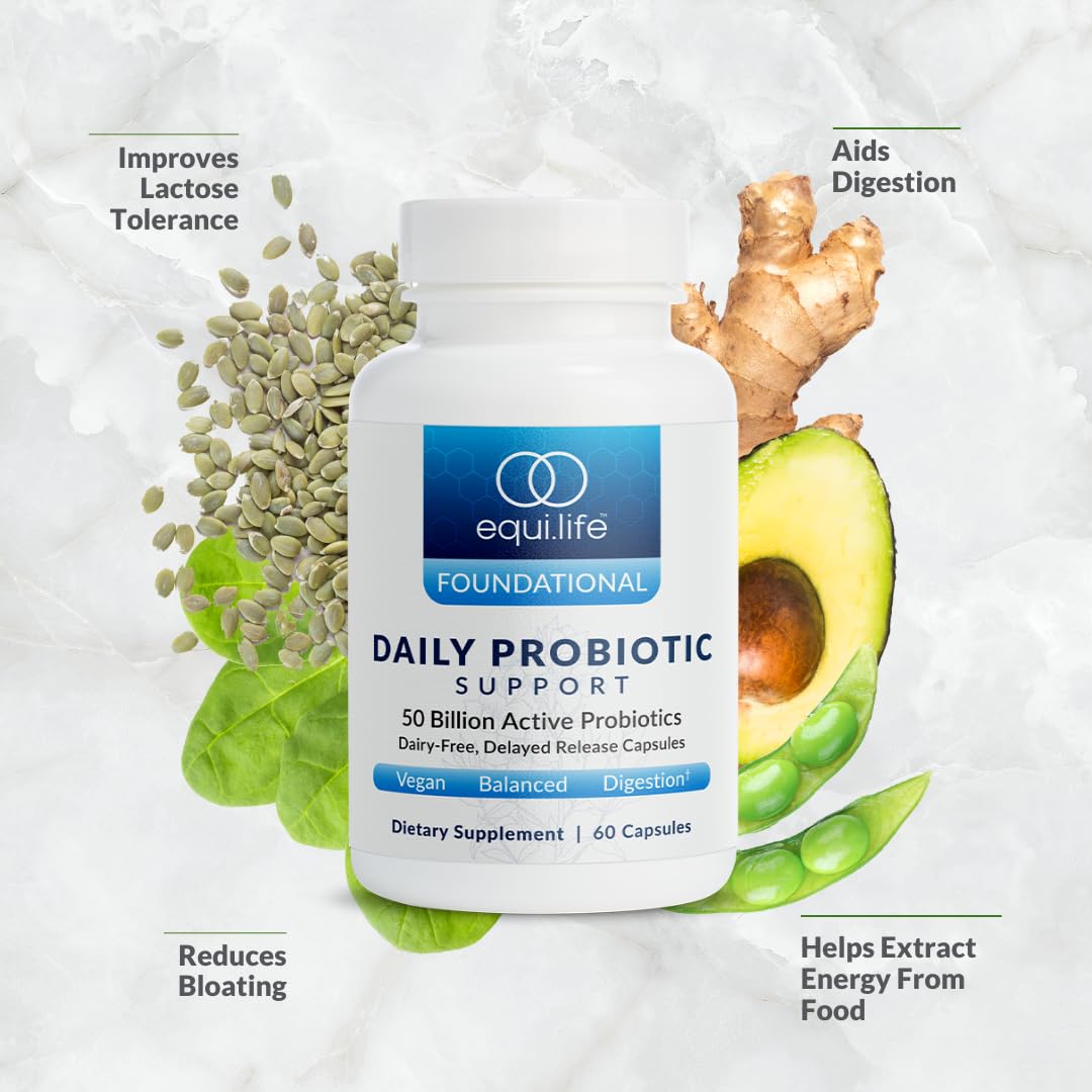Equilife Daily Probiotic Support, 50 Billion CFU, 8 Probiotic Strains, Digestive and Gut Health Supplement for Men and Women, Gluten Free, Soy and Dairy Free, Non GMO, American Made, 60 Capsules Equilife Au supplements
