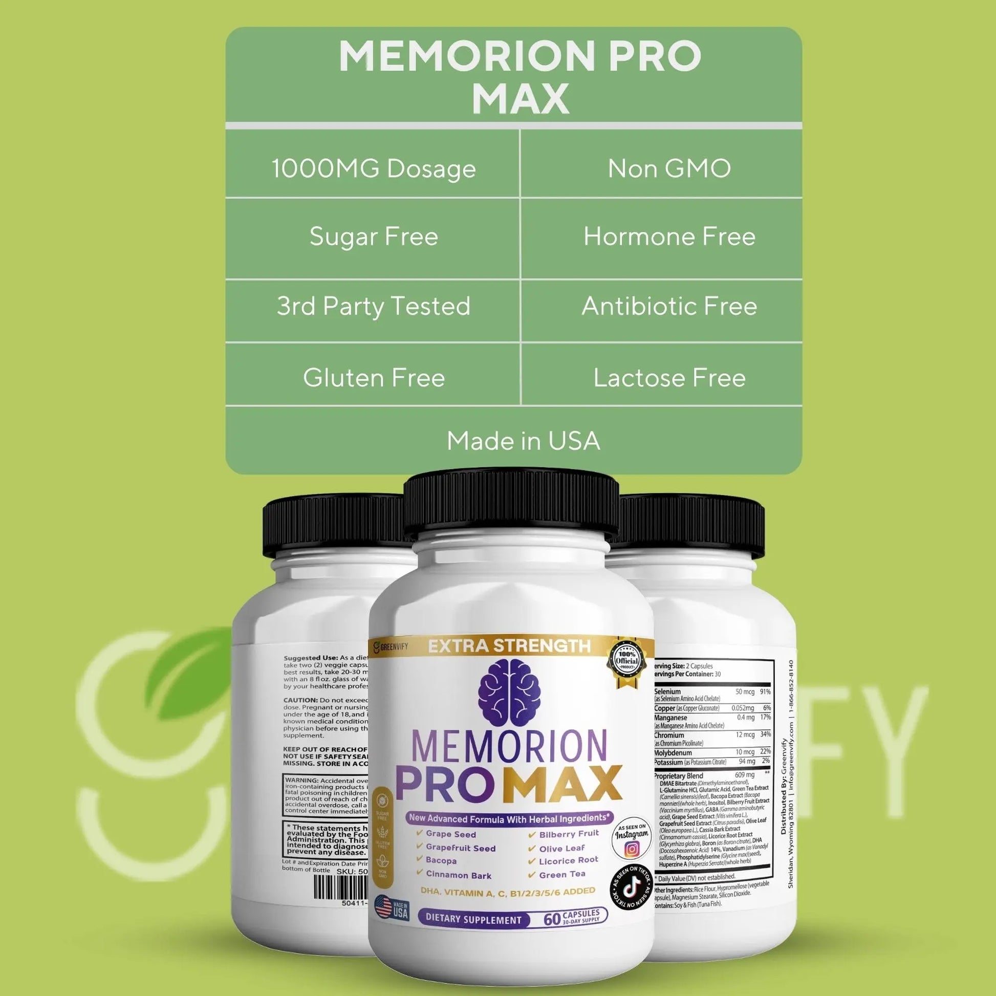 GREENVIFY Memorion Pro Max Extra Strength Brain Support Supplement, 60 Capsules, with DHA, Vitamins, Herbal Blend, 30-Day Supply (1) GREENVIFY Au supplements