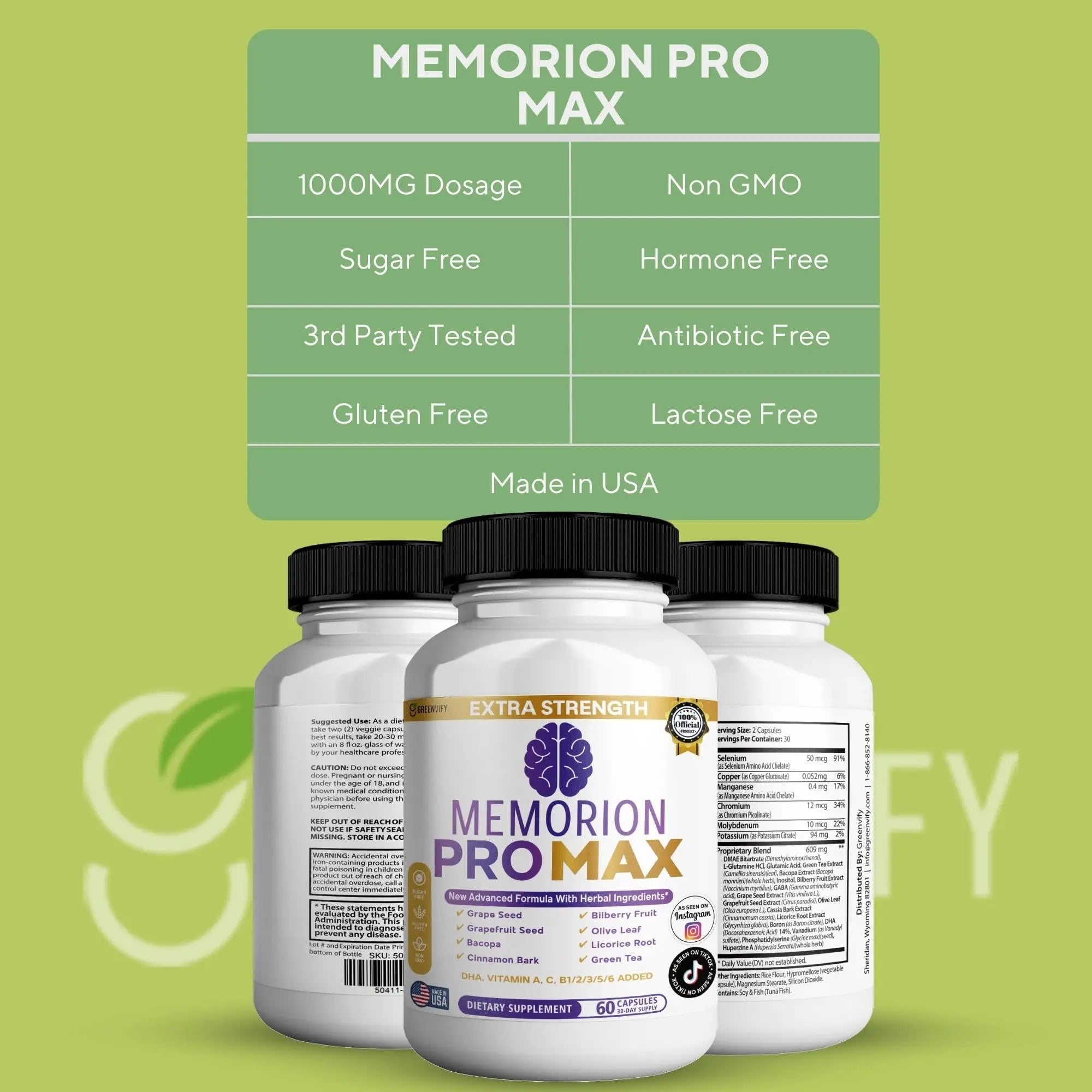 GREENVIFY Memorion Pro Max Extra Strength Brain Support Supplement, 60 Capsules, with DHA, Vitamins, Herbal Blend, 30-Day Supply (1) GREENVIFY Au supplements