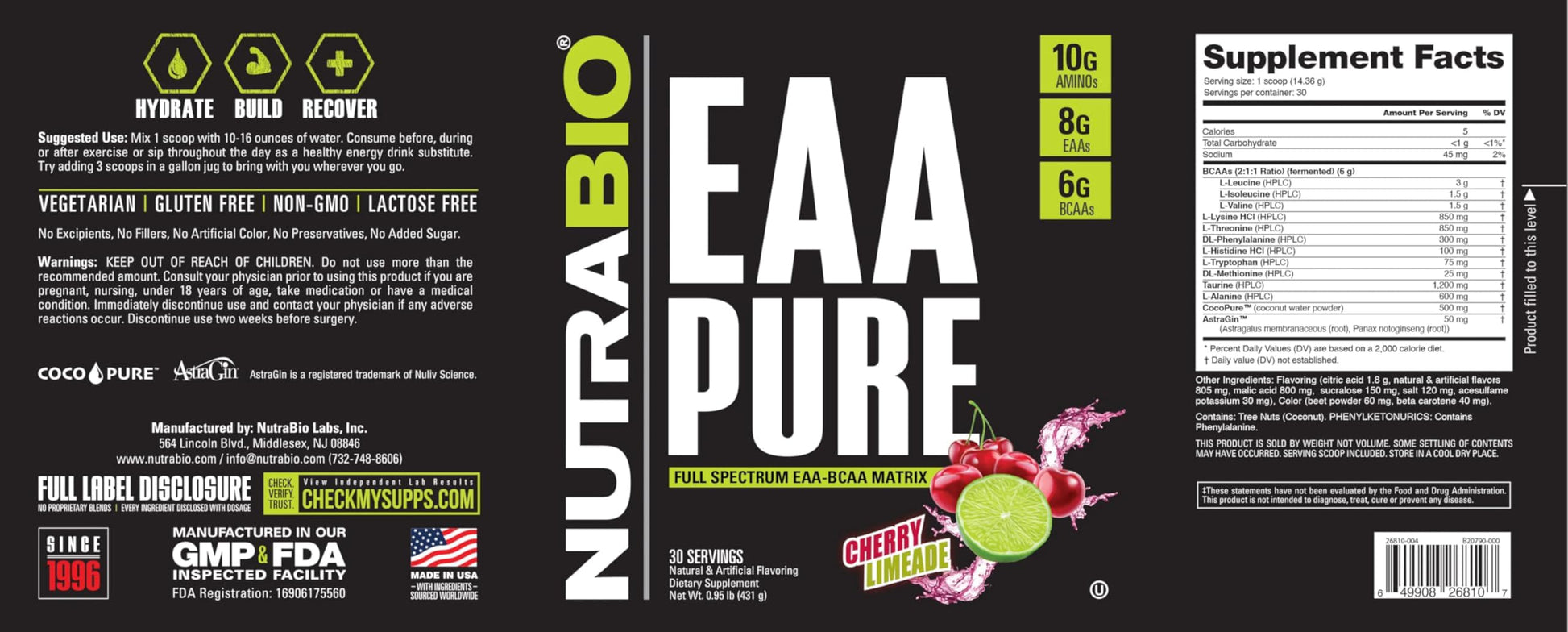 NutraBio – EAA Pure – 9 Amino Acids – Muscle Repair and Recovery, 30 Servings, Cherry Limeade – Pre or Post Workout – All Day Recovery NutraBio Au supplements