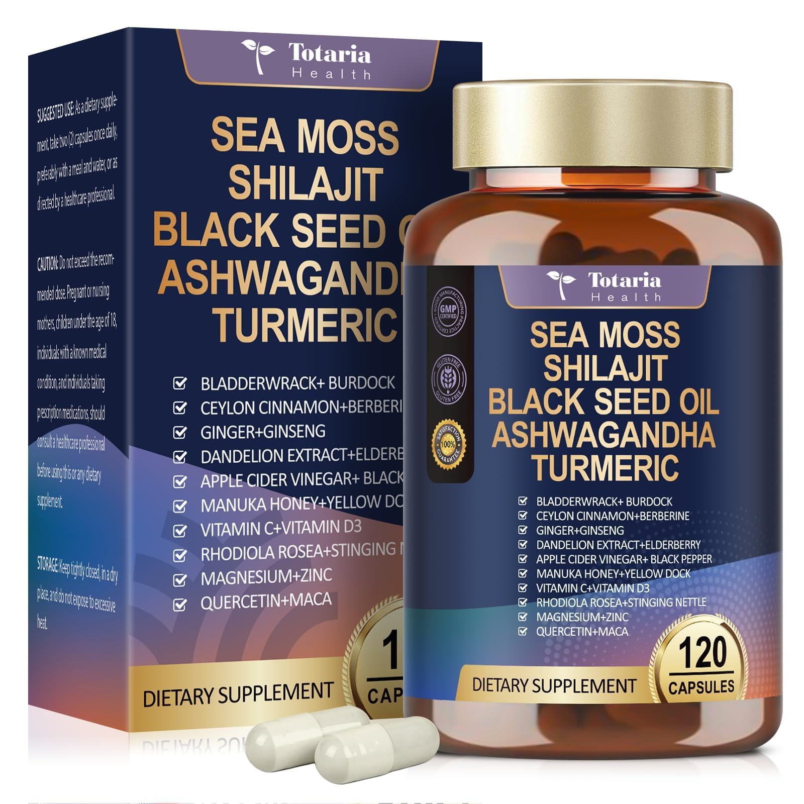 25-in-1 Sea Moss Black Seed Oil Ashwagandha Ginger Shilajit Supplement, Sea Moss Capsules Pro with Bladder Burdock Ceylon Cinnamon Berberine ACV Manuka VIT C & D3 for Men Women, 120 Vegan Caps Totaria Au supplements