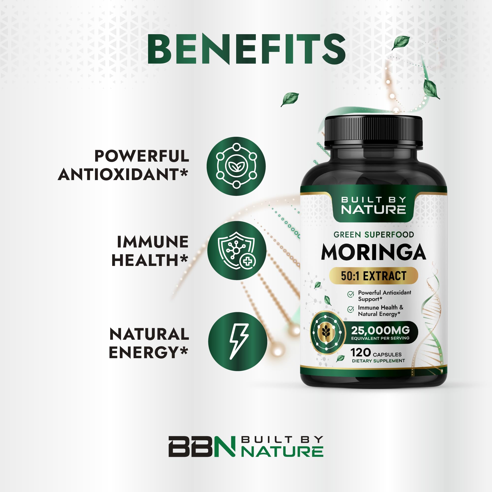 Built by Nature Moringa – 500mg Pure Moringa Leaf Extract 50:1 per Serving – High Potency Moringa Supplement – 120 Capsules Built by Nature Au supplements