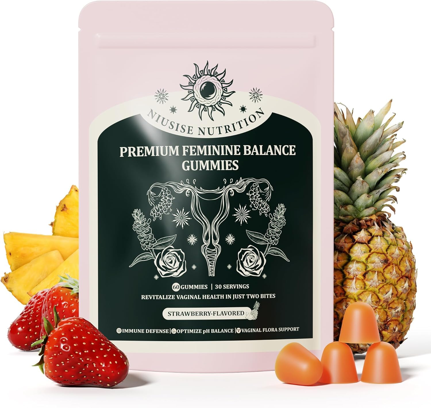 NIUSISE Feminine Balance Gummies, Premium Balance Supplement for Women PH Health, Immune Support, Vegan, Gluten-Free - Hawaiian Pineapple - 120 Gummies - 60 Servings 2 Pack. NIUSISE Au supplements