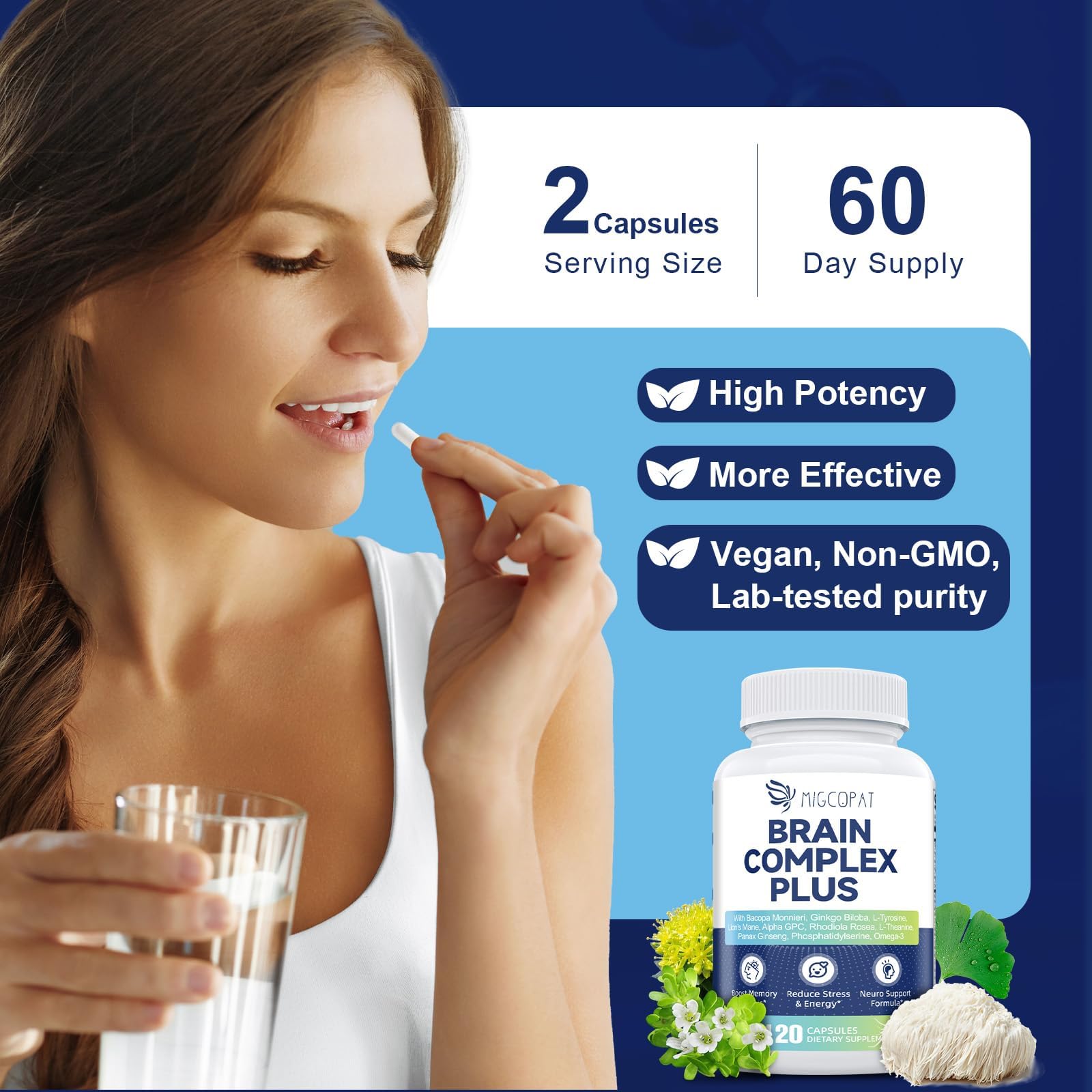 Brain Supplements for Memory and Focus | Nootropic with Bacopa Monnieri, Lion's Mane, Alpha GPC, Ginkgo Biloba | Mental Clarity & Cognitive Support | Vitamin B6 & B12 Neuro Health - Non-GMO, 120 Caps Migcopat Au supplements