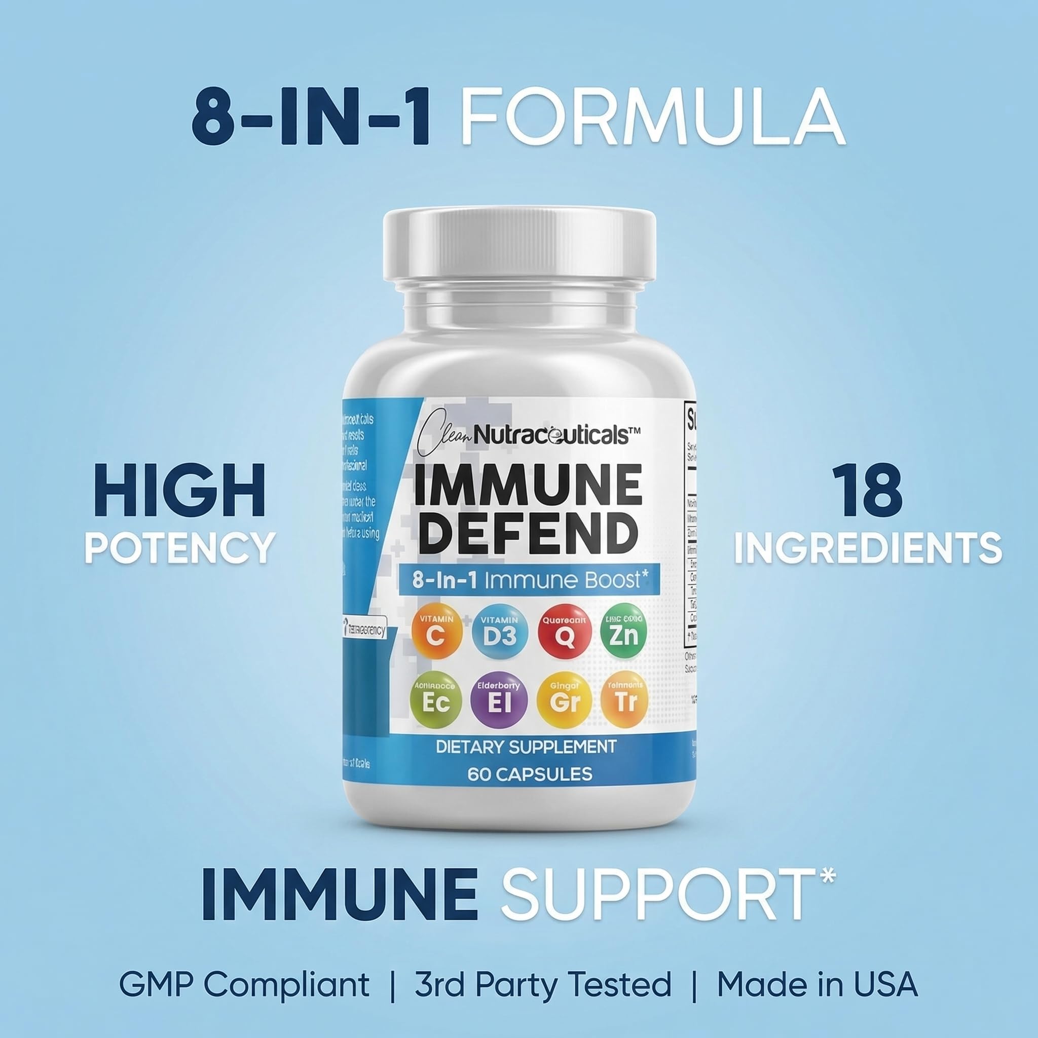 Clean Nutraceuticals Immune Defense Support Supplement 8 in 1 with Zinc 50mg Quercetin, VIT C 1000mg, Vitamin D3 5000 IU, Elderberry, Ginger - Immunity System Booster for Adults, Vegan - 60 Count Clean Nutraceuticals Au supplements