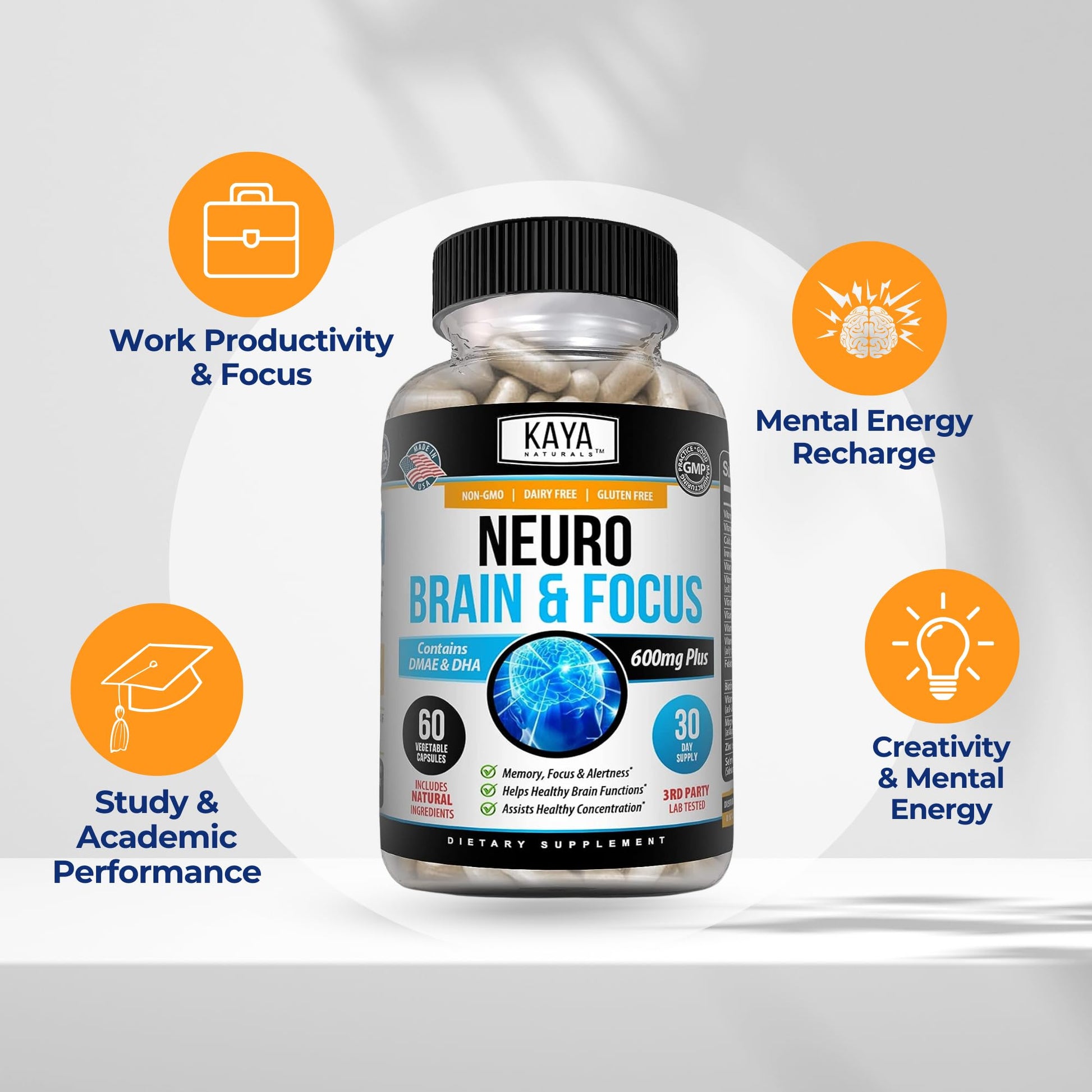 Kaya Naturals - Neuro Brain for Memory & Focus - Nootropic Energy Capsule - Nootropic Brain Support Supplement - Focus & Concentration & Learning Accuracy - Cognitive Function - 60 Count Kaya Naturals Au supplements
