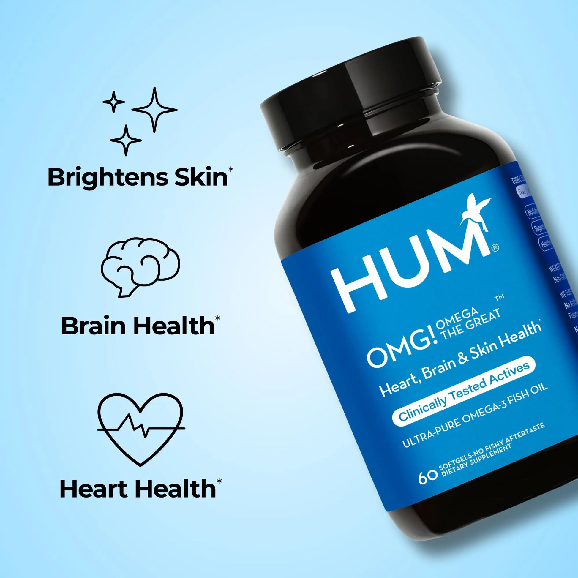 HUM OMG! Omega The Great Triple Omega 3 Fish Oil Supplement for Women & Men with Vitamin E, DHA & EPA, Skin Care & Skin Tone Support for Heart & Brain Health, Gluten Free, Non GMO, 60 Softgels HUM Au supplements