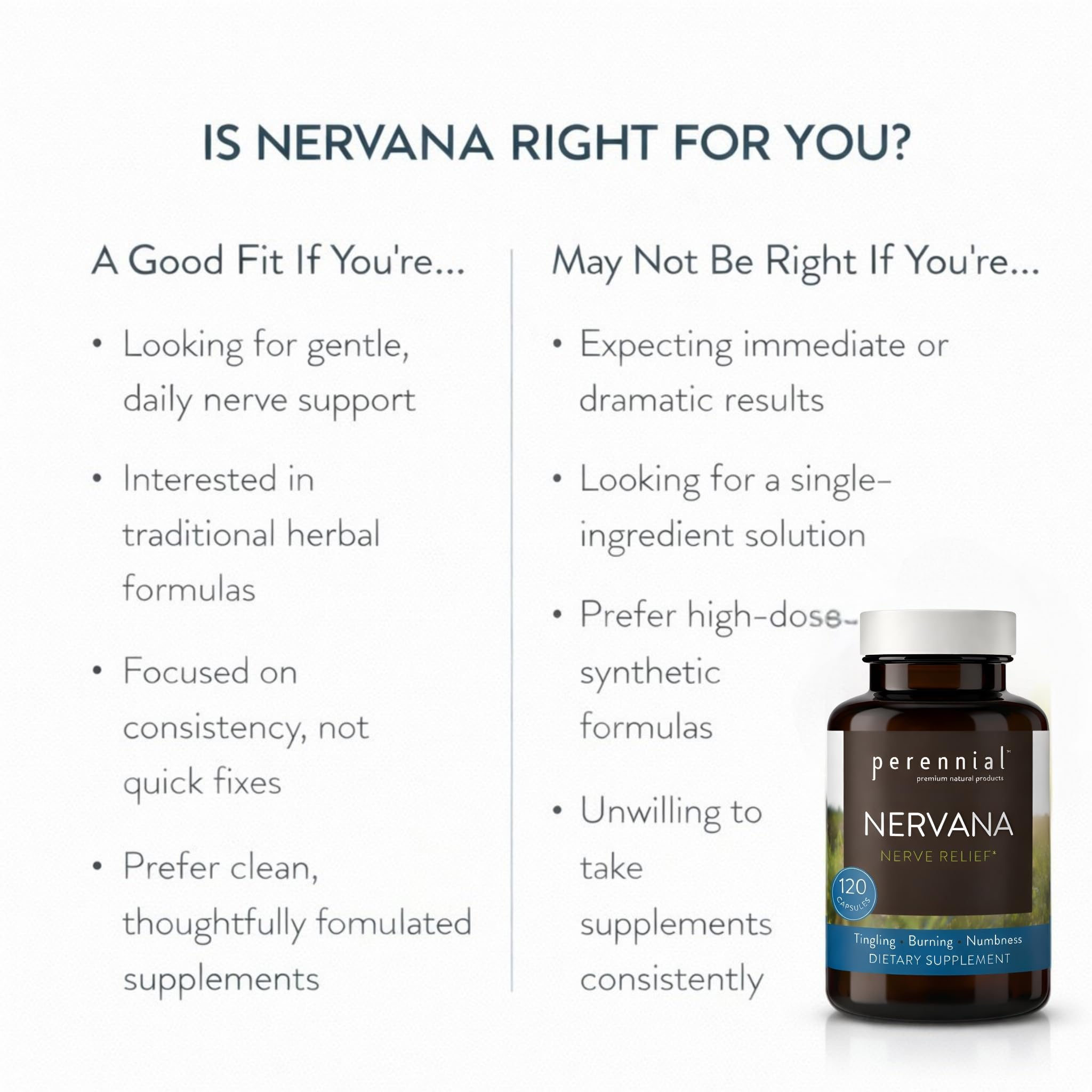 Perennial Nervana – Herbal Nerve Support for Tingling, Burning & Numbness Relief – Promotes Calm Focus & Stress Resilience – Non-Drowsy Mood Balance – 120ct* Perennial Au supplements