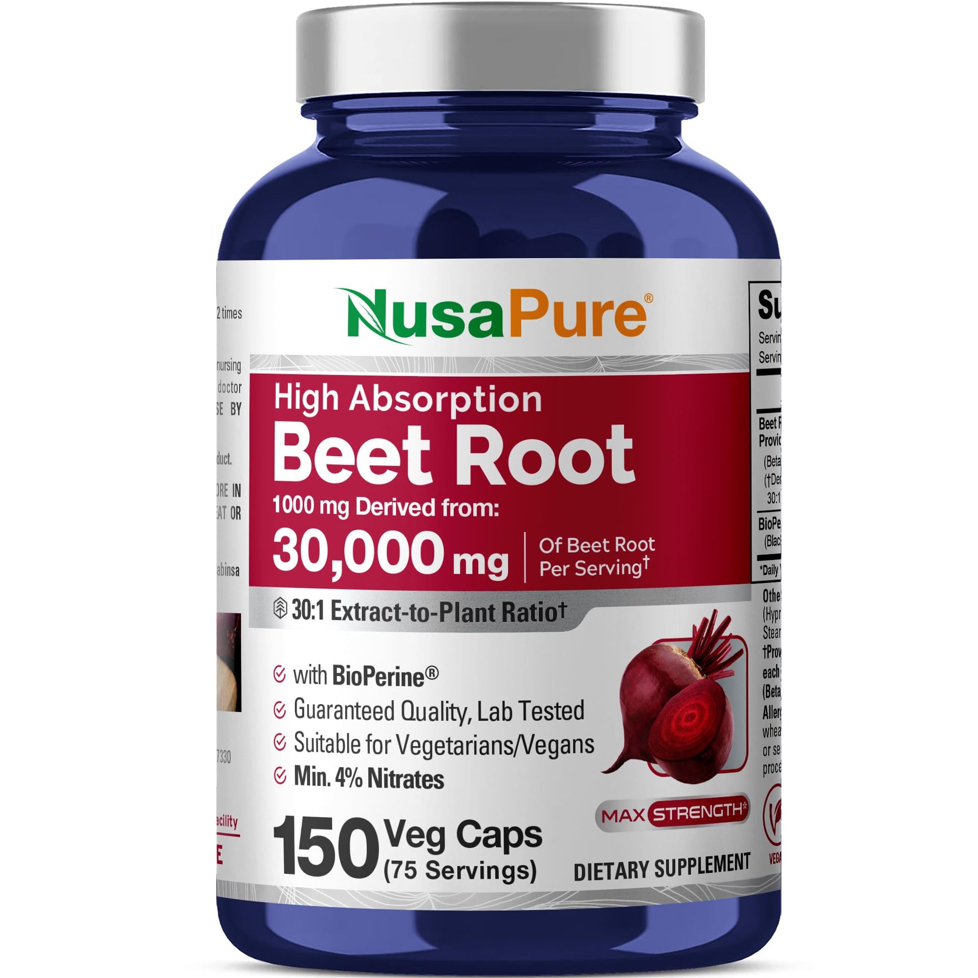NusaPure Beet Root 30:1 Extract, 1000 mg Equivalent to 30,000 mg 150 Veggie caps (Vegan, Non-GMO & Vegan 4% Nitrates) Bioperine NusaPure Au supplements