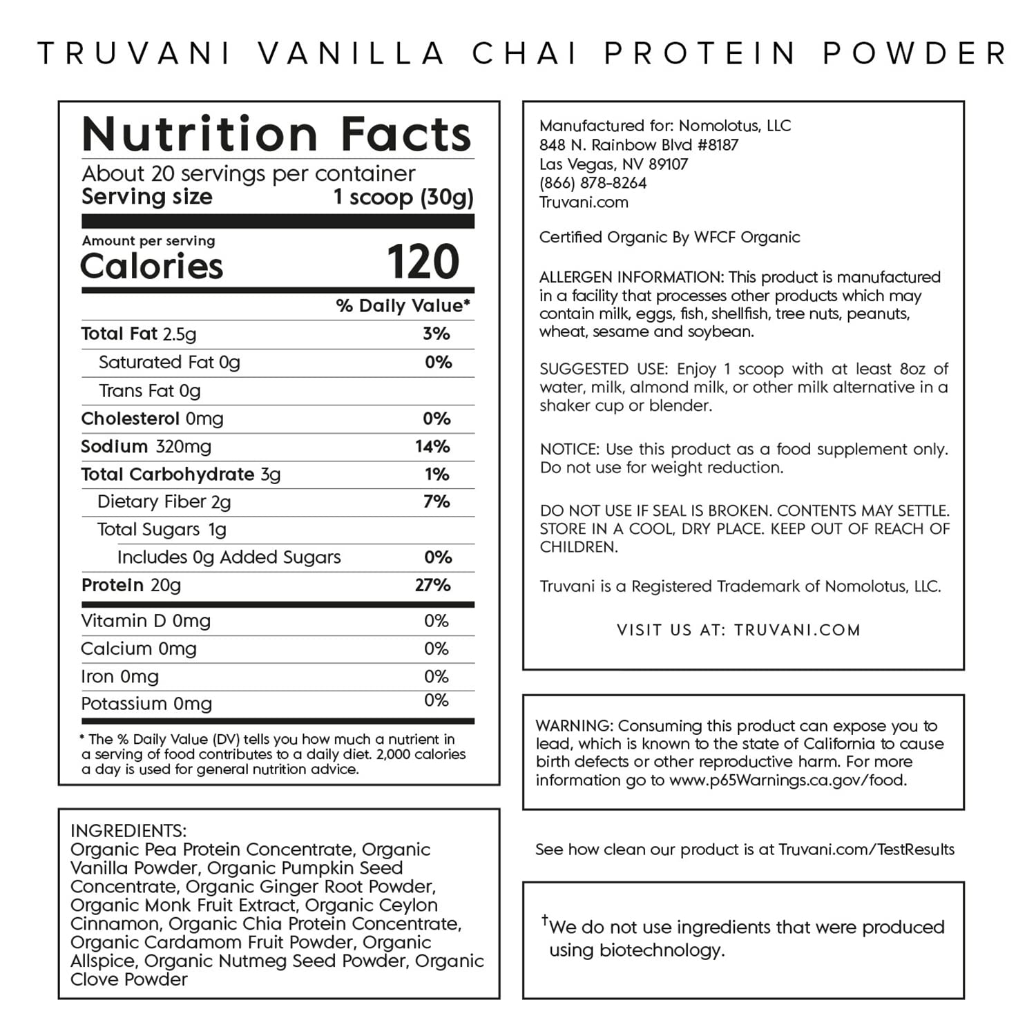 Truvani Organic Vegan Protein Powder Vanilla Chai - 20g of Plant Based Protein, Organic Truvani Au supplements