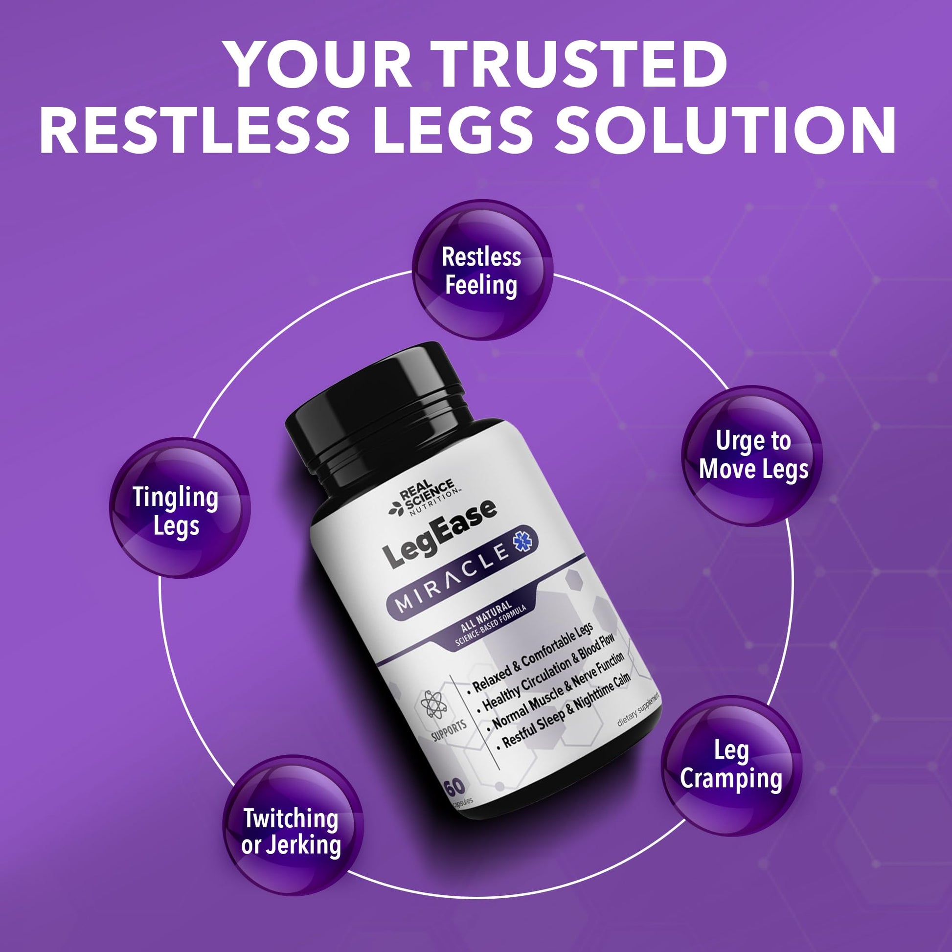 Real Science LegEase Miracle – All Natural Restless Legs Syndrome Relief & Leg Cramp Supplement with Vitamins C, D, K, B6, B12 + Nitric Oxide Support – Sleep & Circulation Aid – Made in USA, 60 Caps Real Science Nutrition Au supplements