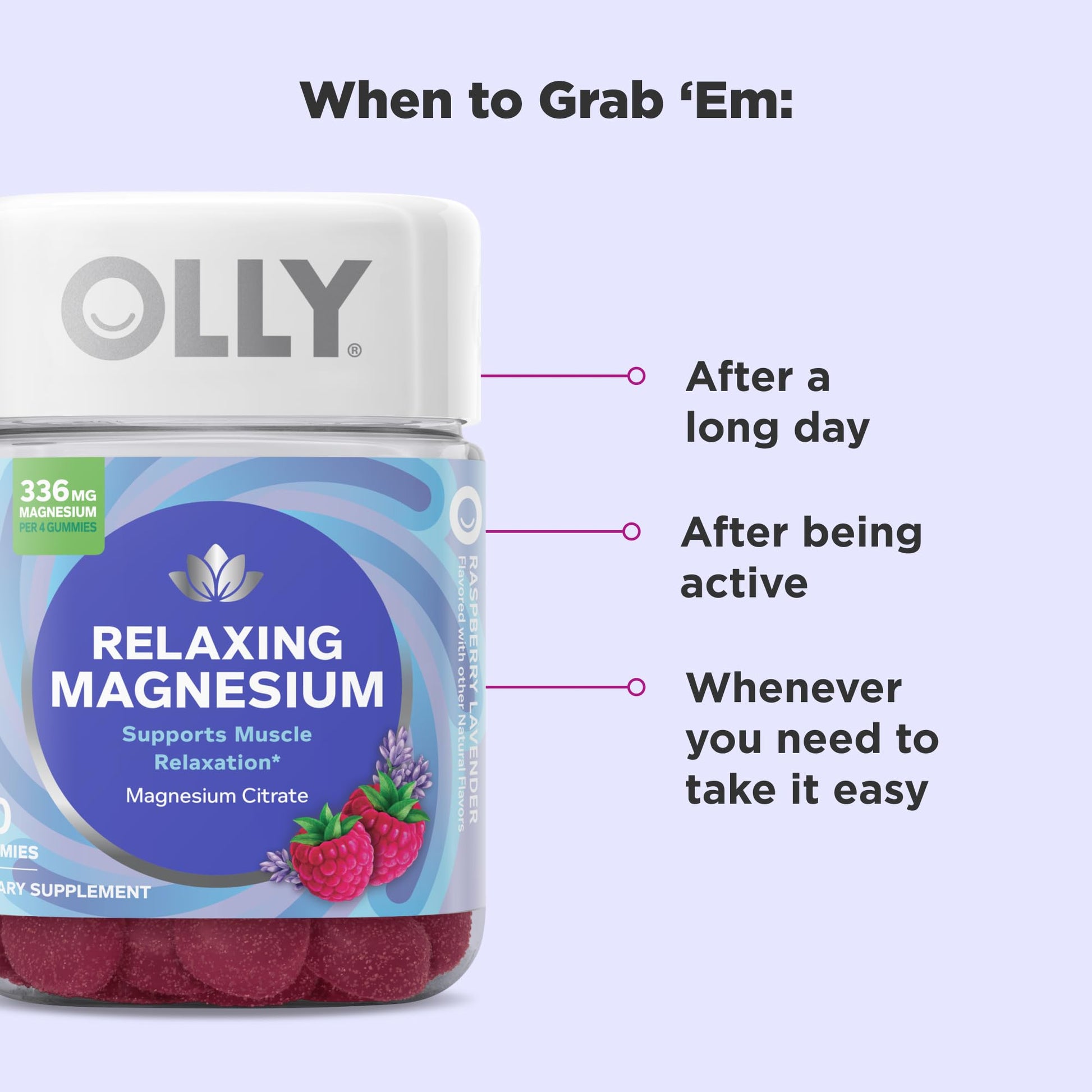 OLLY Relaxing Magnesium Gummies, Supports Muscle Relaxation*, Magnesium Citrate, Raspberry Lavender Flavor, 15 Day Supply - 60 Count OLLY Au supplements