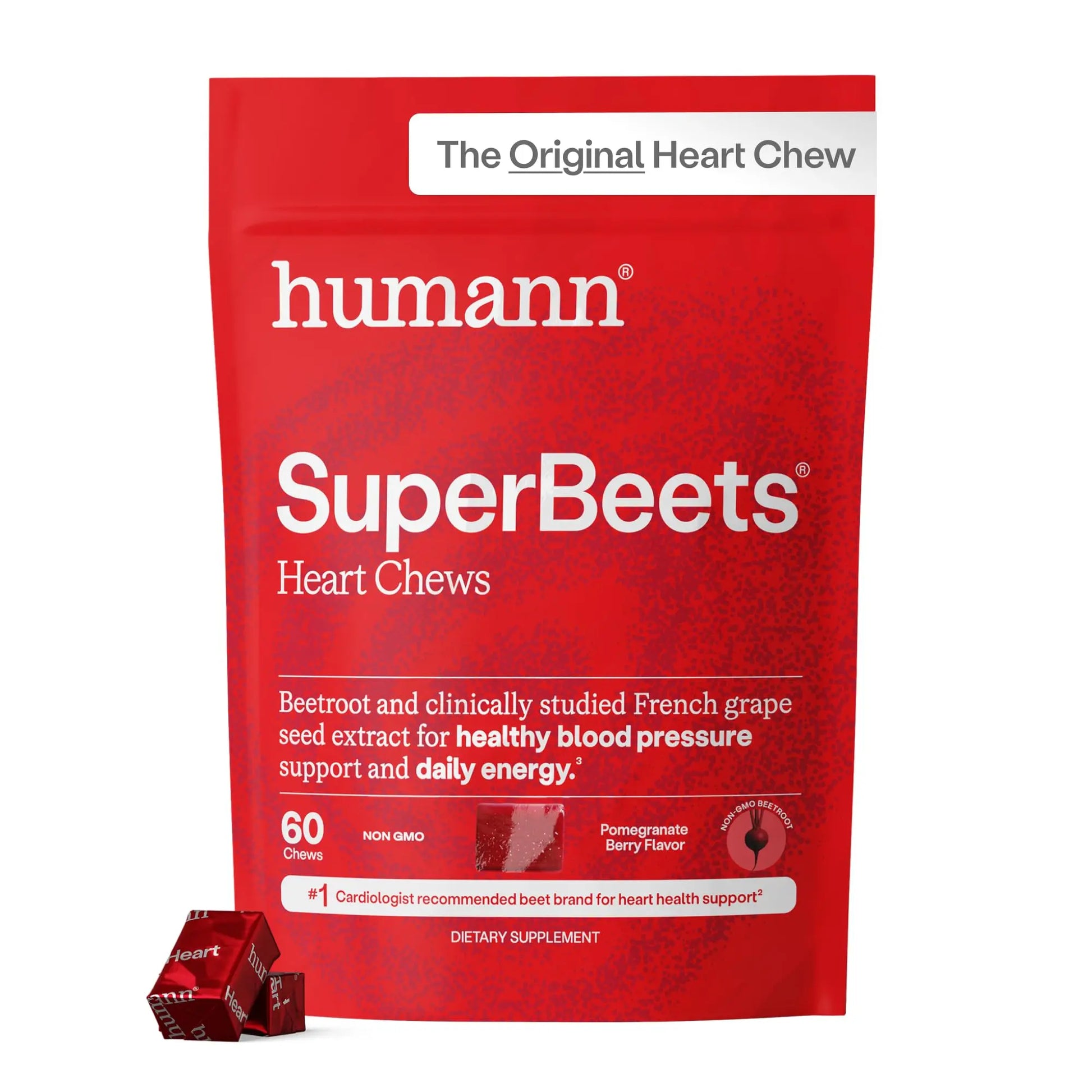 Humann SuperBeets Heart Chews, Beet Root Powder Support Energy Supplement, Nitric Oxide and Blood Pressure Support, Grape Seed Extract & Non-GMO, Heart Health, Pomegranate Berry Flavor, 60 Count Humann Au supplements
