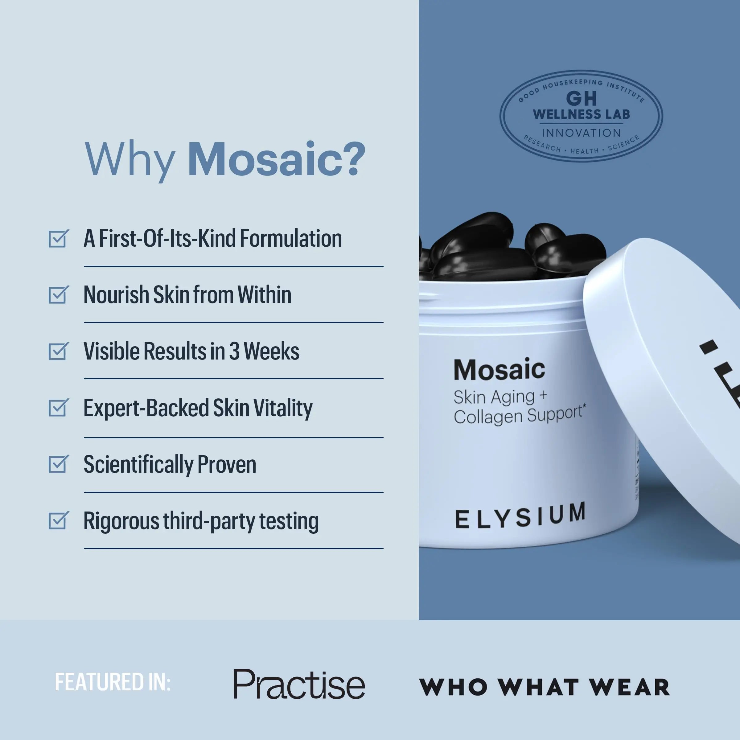 ELYSIUM Mosaic - Hyaluronic Acid Supplement - Clinically Proven - Fights Fine Lines & Skin Aging - Collagen Supplement - 30-Day Supply (Vegan Softgels) ELYSIUM Au supplements