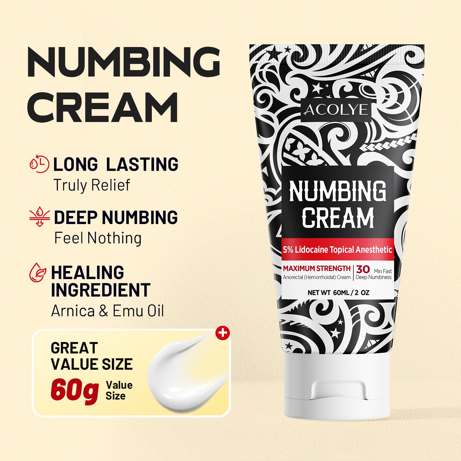 Acolye Numbing Cream Maximum Strength : 5% Lidocaine Topical Anesthetic - Extra Strength 5X Numbing with Menthol Arnica and Emu Oi (2 Fl Oz, Mint Flavor) Acolye Au supplements