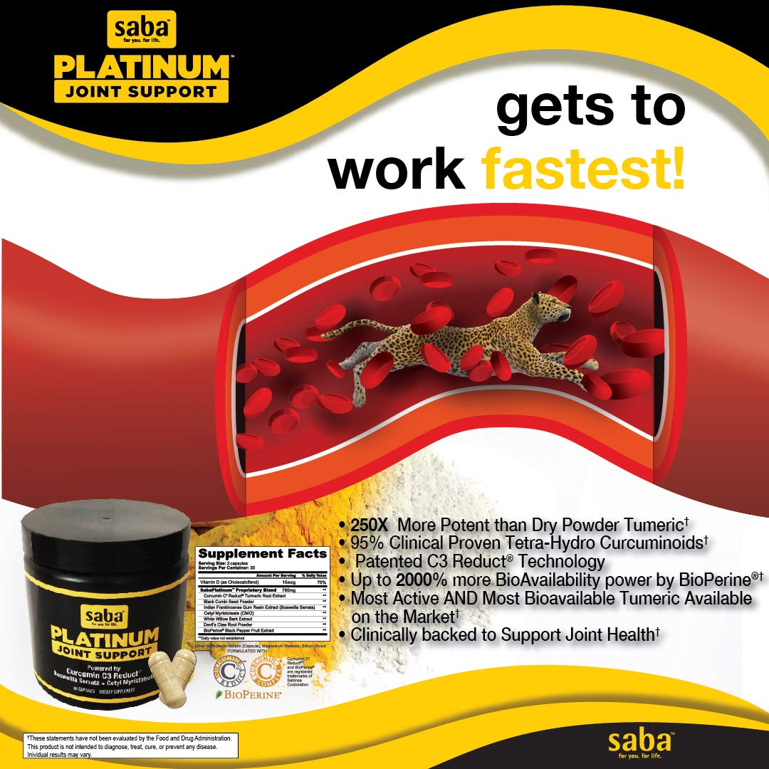 Saba Platinum Joint Support – High Absorption Curcumin C3 Reduct & Boswellia – Fast Acting Turmeric Supplement for Joint Pain Relief, Mobility & Healthy Inflammation Response – 60 Vegan Capsules Saba Au supplements