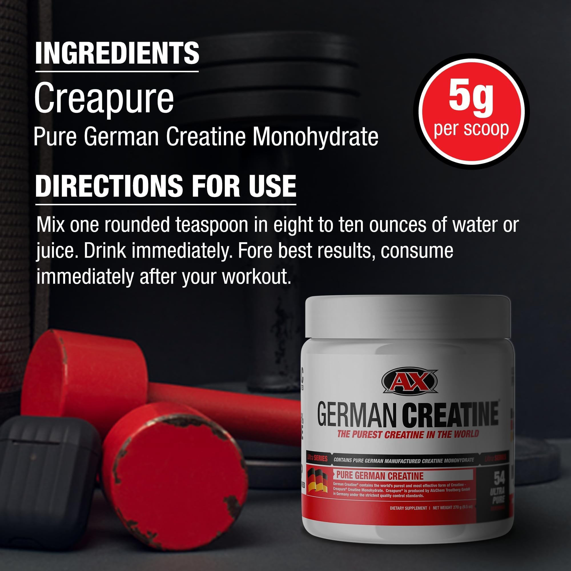 German Creatine - Micronized Creatine Monohydrate Powder, 99.99% Pure Creapure for Muscle Growth, Strength & Performance, Supports Muscle Recovery, 3rd Party Tested, Unflavored - 270g (54 Servings) German Creatine Au supplements