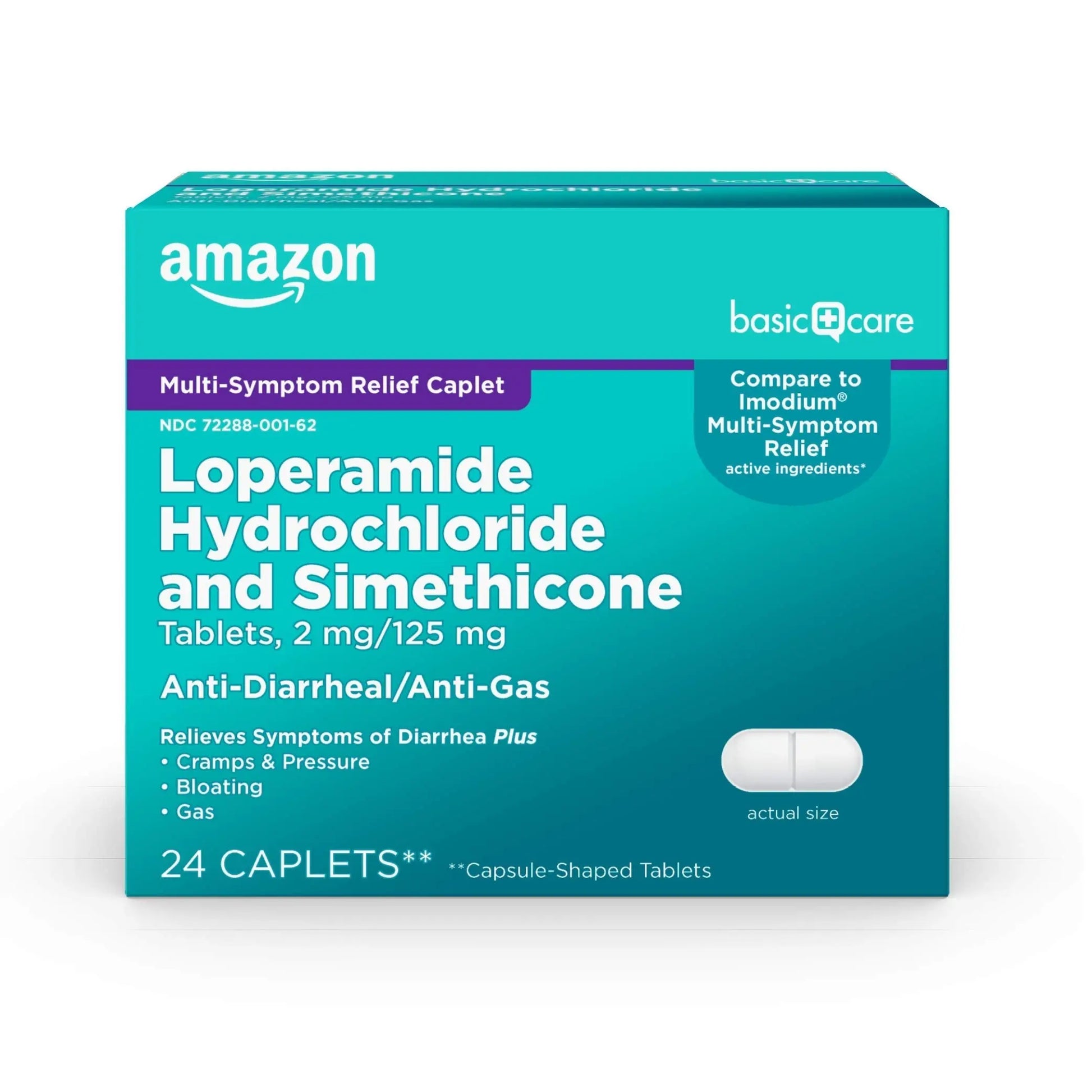 Amazon Basic Care Loperamide Hydrochloride 2 mg and Simethicone 125 mg Tablets, Multi-Symptom Relief, Anti-Diarrheal, Bloating and Cramps, Gas Relief, 24 Count Amazon Basic Care Au supplements