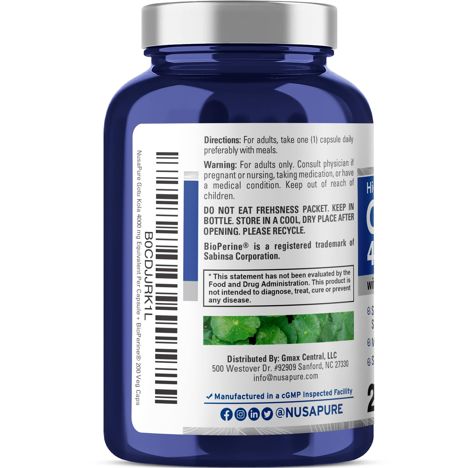 NusaPure Gotu Kola Capsules 20:1 Extract, 200 mg Equivalent to 4000mg Per Veggie Caps, 200 Count, Non-GMO, Vegan, Bioperine - Traditional Herb Extract NusaPure Au supplements