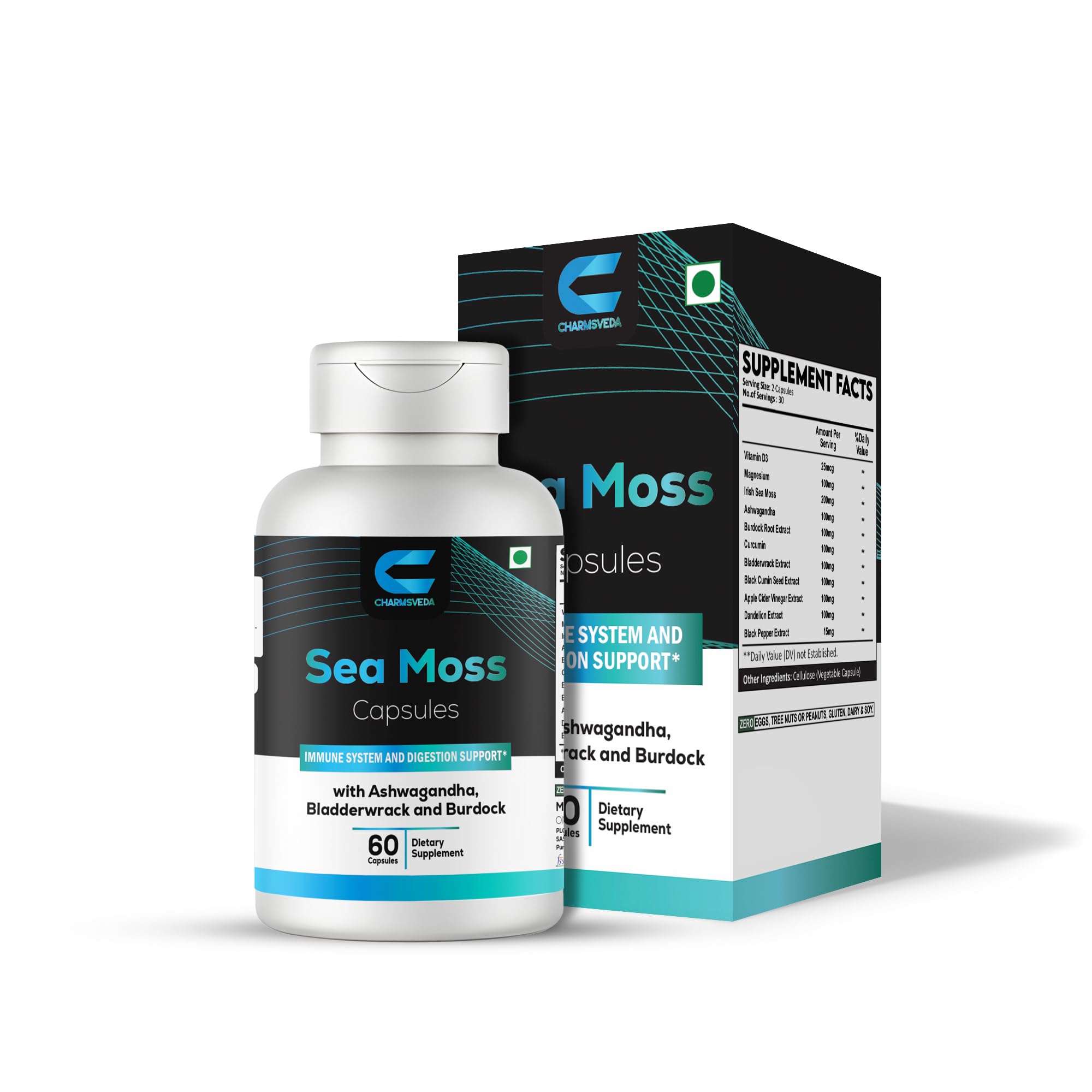 CHARMSVEDA Sea Moss Capsules with Ashwagandha, Bladderwrack & Burdock – Overall Wellness & Immune Support, Support Digestive & Gut Health* – 60 Vegan Capsules CHARMSVEDA Au supplements