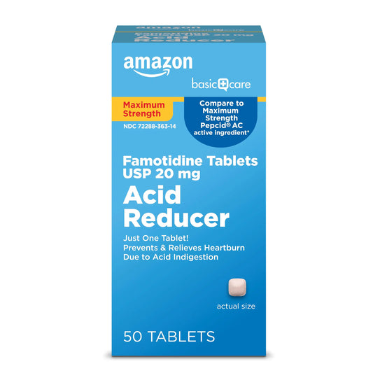 Amazon Basic Care Maximum Strength Famotidine Tablets 20 mg, Acid Reducer for Heartburn Relief, Prevents & Relieves Acid Indigestion, Heartburn Medicine, 50 Count Amazon Basic CareAu supplements