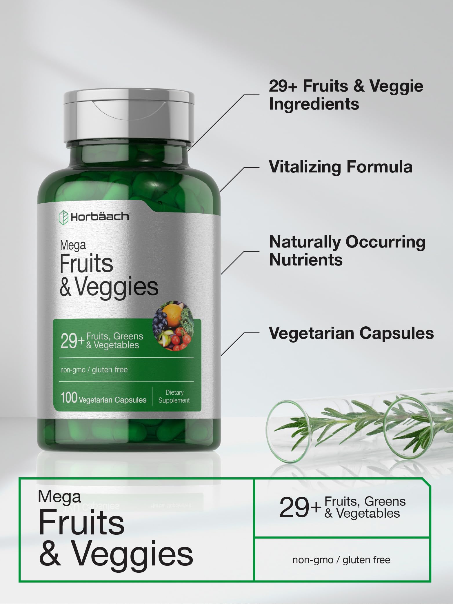 Horbäach Mega Fruits and Veggies Supplement | 100 Capsules | Vegetarian, Non-GMO and Gluten Free Horbäach Au supplements