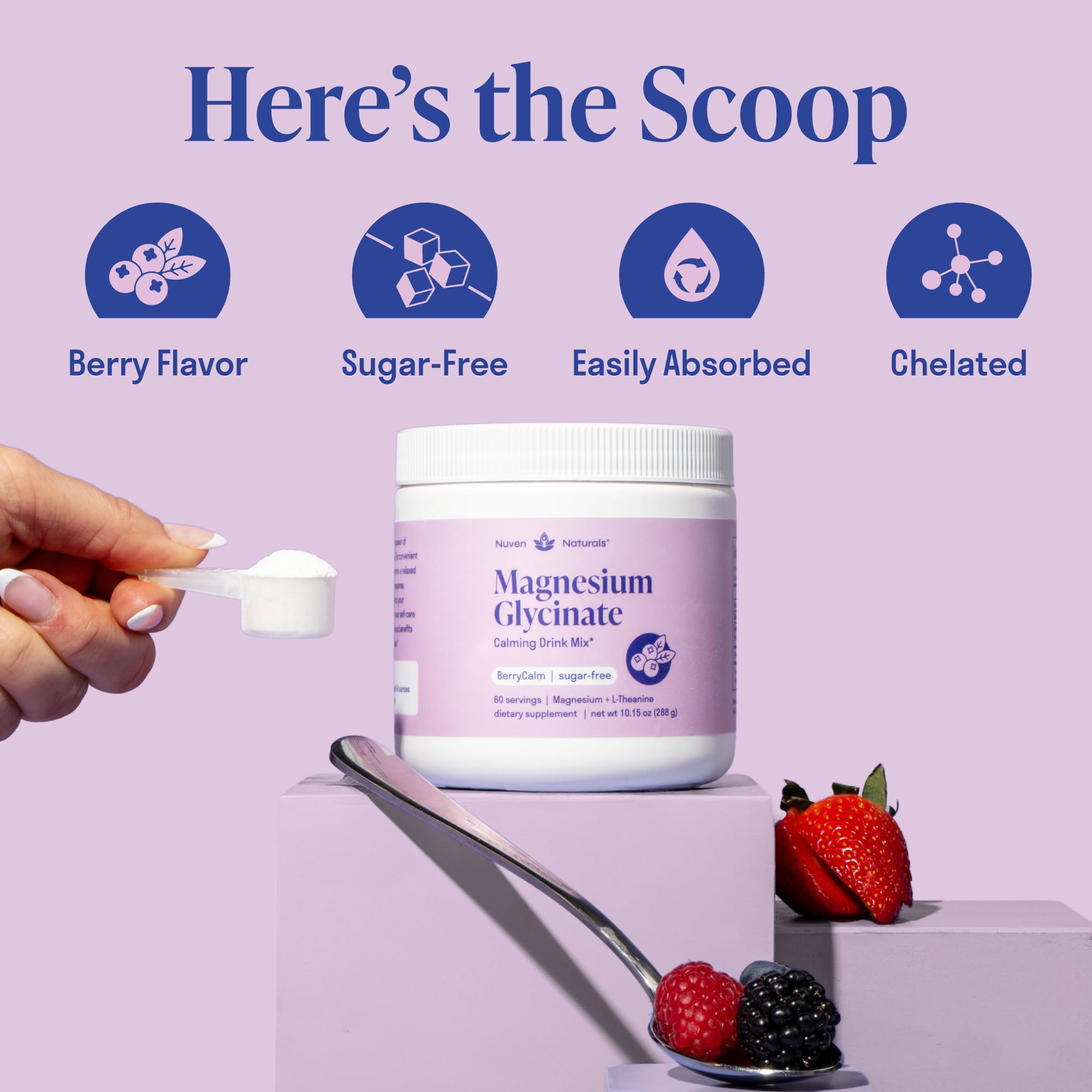 Magnesium Glycinate Powder + L-Theanine | 60 Servings | 300 mg per Scoop High Absorption Chelated Magnesium Powder for Sleep - Natural Mixed Berry Flavor, No Sugar, Support Restful Sleep & Relaxation Nuven Naturals Au supplements