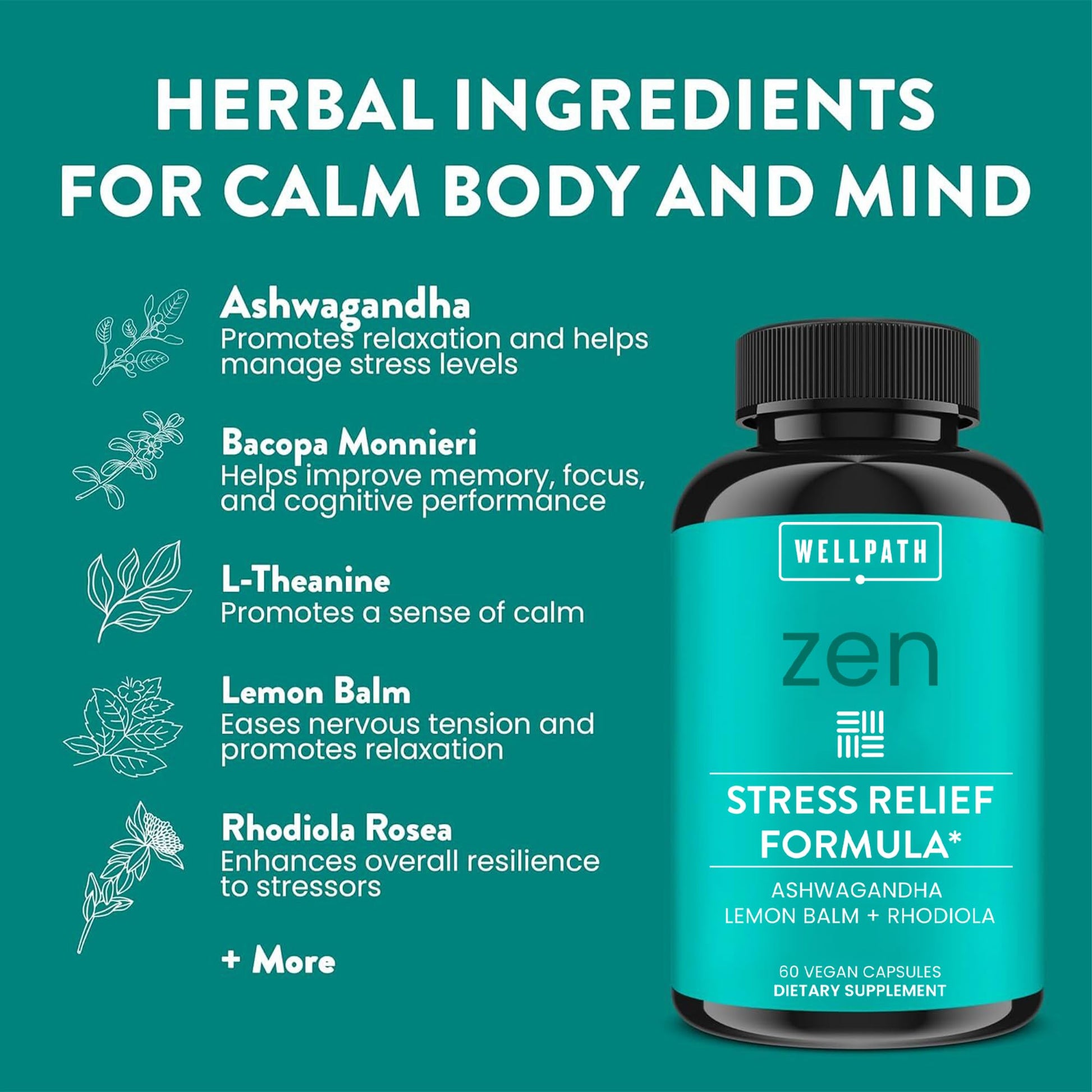 WellPath Zen Stress Relief Supplement + Mood Support | Calm, Stress & Energy Support | Ashwagandha Root, Rhodiola Rosea, L-Theanine, Lemon Balm | Herbal Capsules, 60 Ct WellPath Au supplements