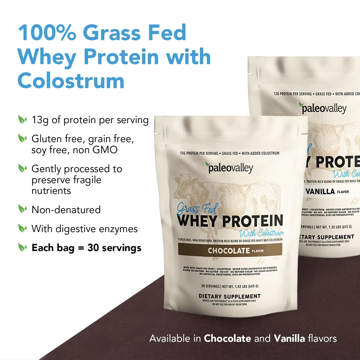 Paleovalley 100% Grassfed Whey Protein Powder with Colostrum, 30 Serving - Vanilla, 13g Protein, Muscle Building, Immune Support, Gut Health Paleovalley Au supplements