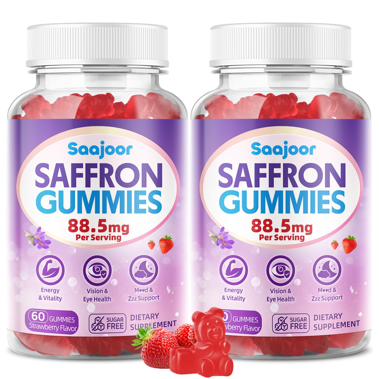 Saffron Gummies for Adult Kids - with Saffron 88.5mg, Vitamins D3 & B6, Magnesium, Zinc, Ashwagandha, L - Theanine, St. John's Wort - Supports Mood & Focus, Strawberry Flavor, 120 Count Saajoor Au supplements